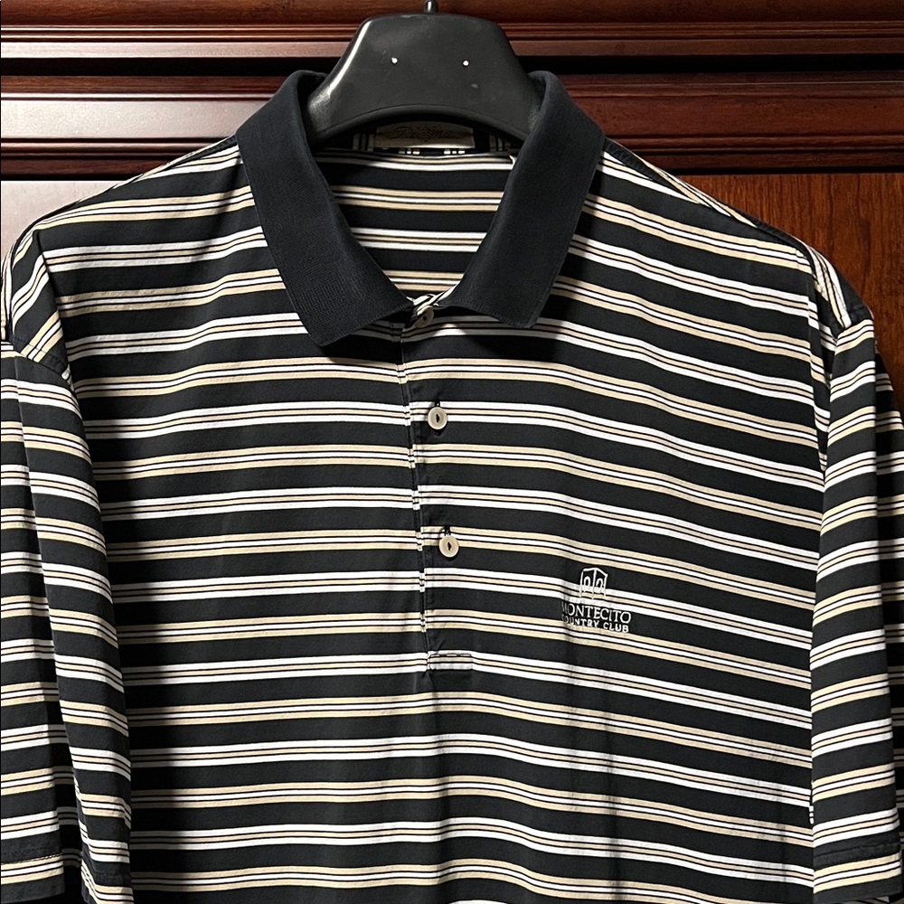 Vintage Peter Millar 100% Cotton Golf Polo Black, White & Gold Striped Polo!
